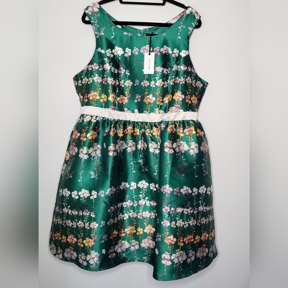 ModCloth Liz Luxe Emerald Floral Fit & Flare Dress XXL NWT Satin Garden Party - Picture 2 of 15